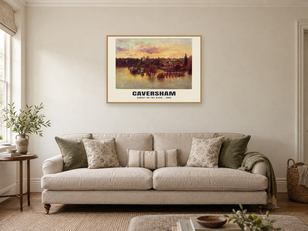 Sunset on the river, Caversham, 1903 Heritage Print at A1, in a natural wood frame, in a sitting room