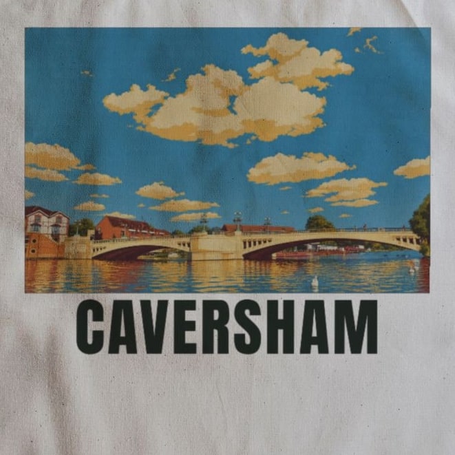 Close-up of the Caversham drawing and lettering printed on natural cotton
