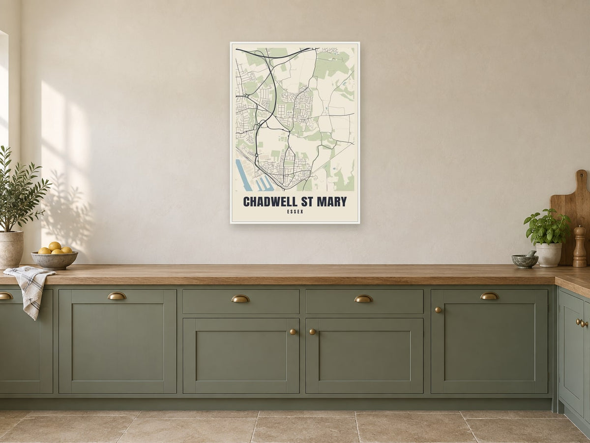 Chadwell St Mary Street Map Poster at A1, in a white frame, in a kitchen