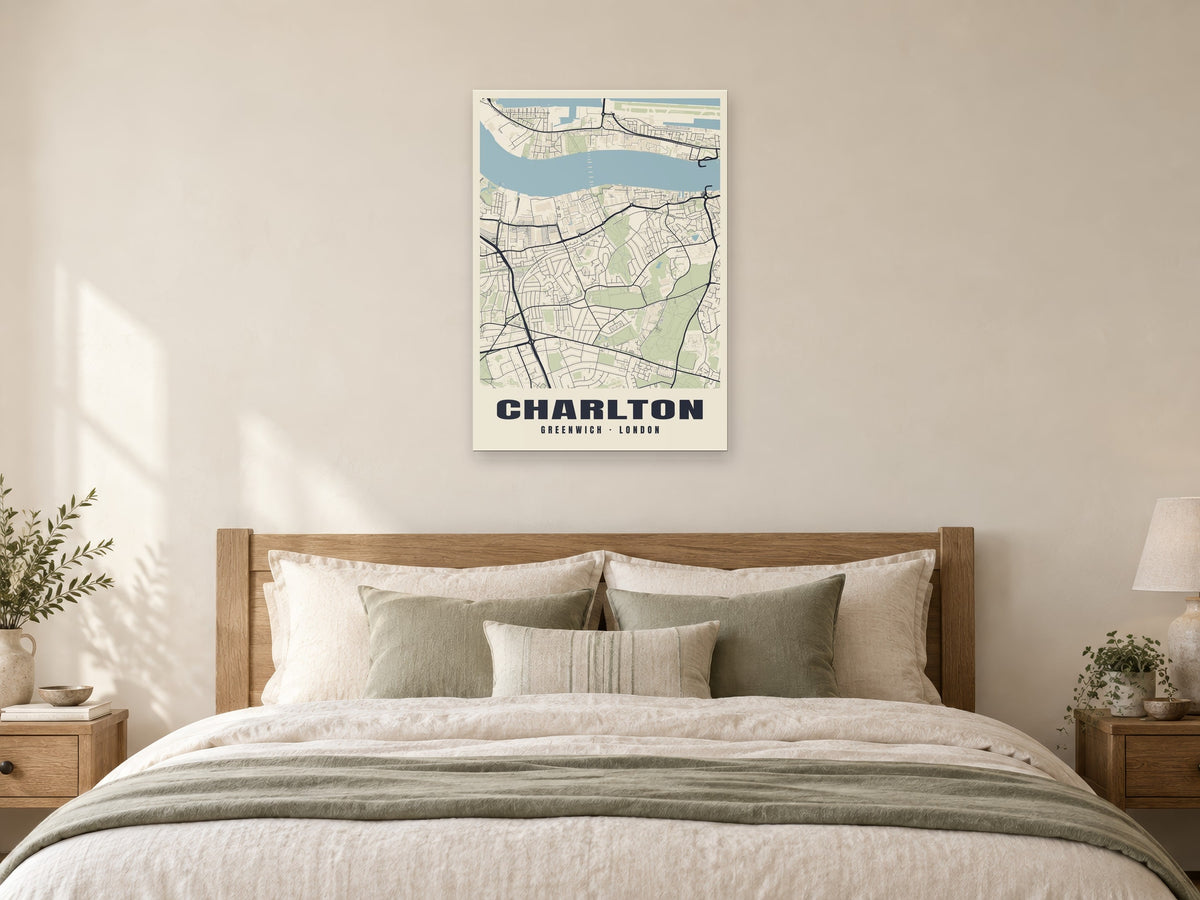 Charlton Heritage Street Map Poster at A1, as a poster, above a bed