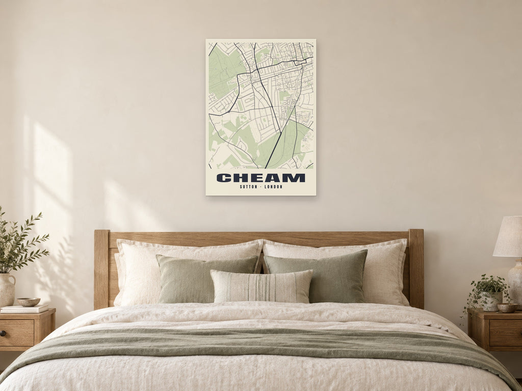 Cheam Heritage Street Map Poster at A1, as a poster, above a bed