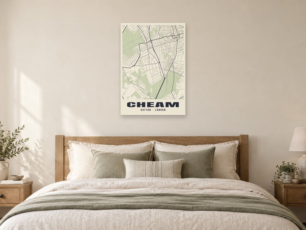 Cheam Heritage Street Map Poster at A1, as a poster, above a bed
