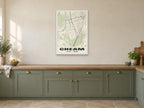 Cheam Heritage Street Map Poster at A1, in a white frame, in a kitchen