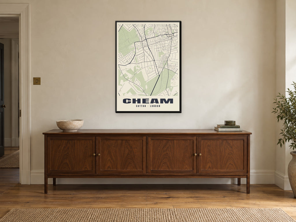 Cheam Heritage Street Map Poster at A1, in a black frame, above a sideboard