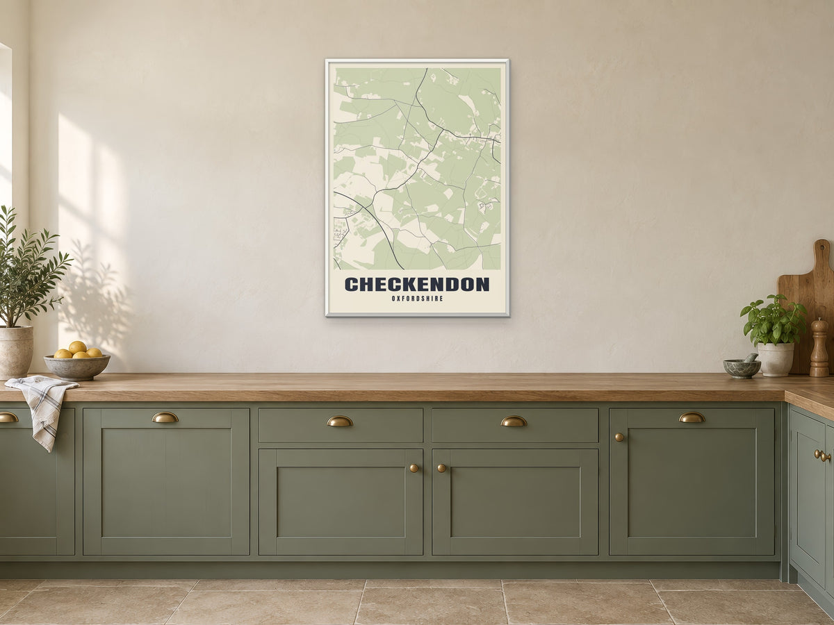 Checkendon Street Map Poster at A1, in a white frame, in a kitchen
