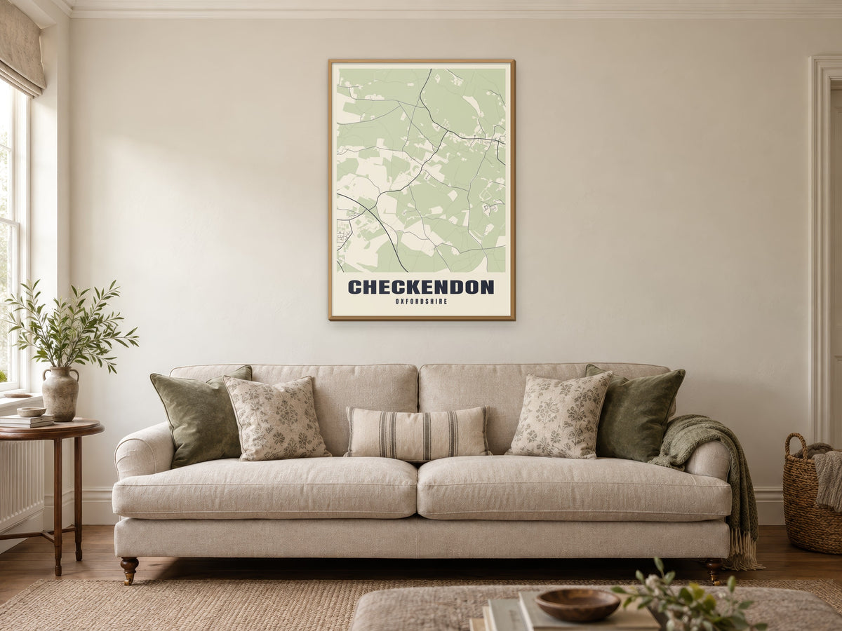 Checkendon Street Map Poster at A1, in a natural wood frame, in a sitting room