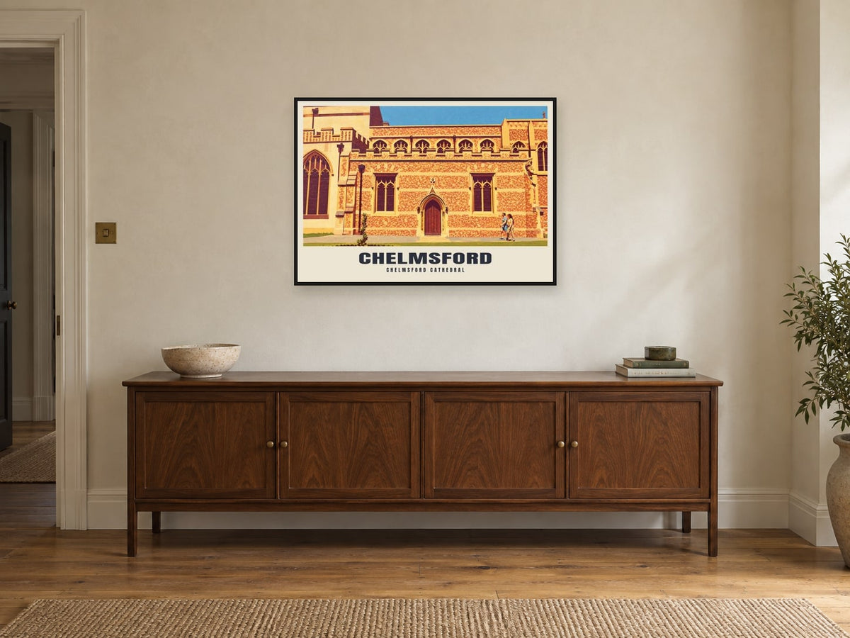 Chelmsford Cathedral Poster at A1, in a black frame, above a sideboard