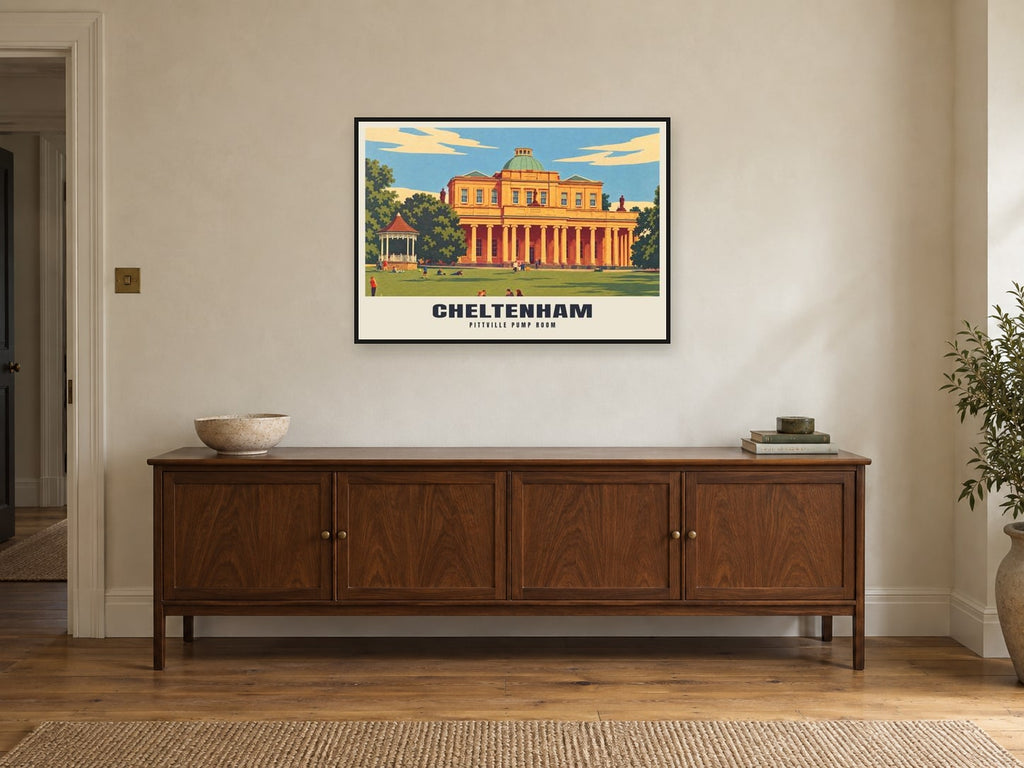Pittville Pump Room, Cheltenham Poster at A1, in a black frame, above a sideboard