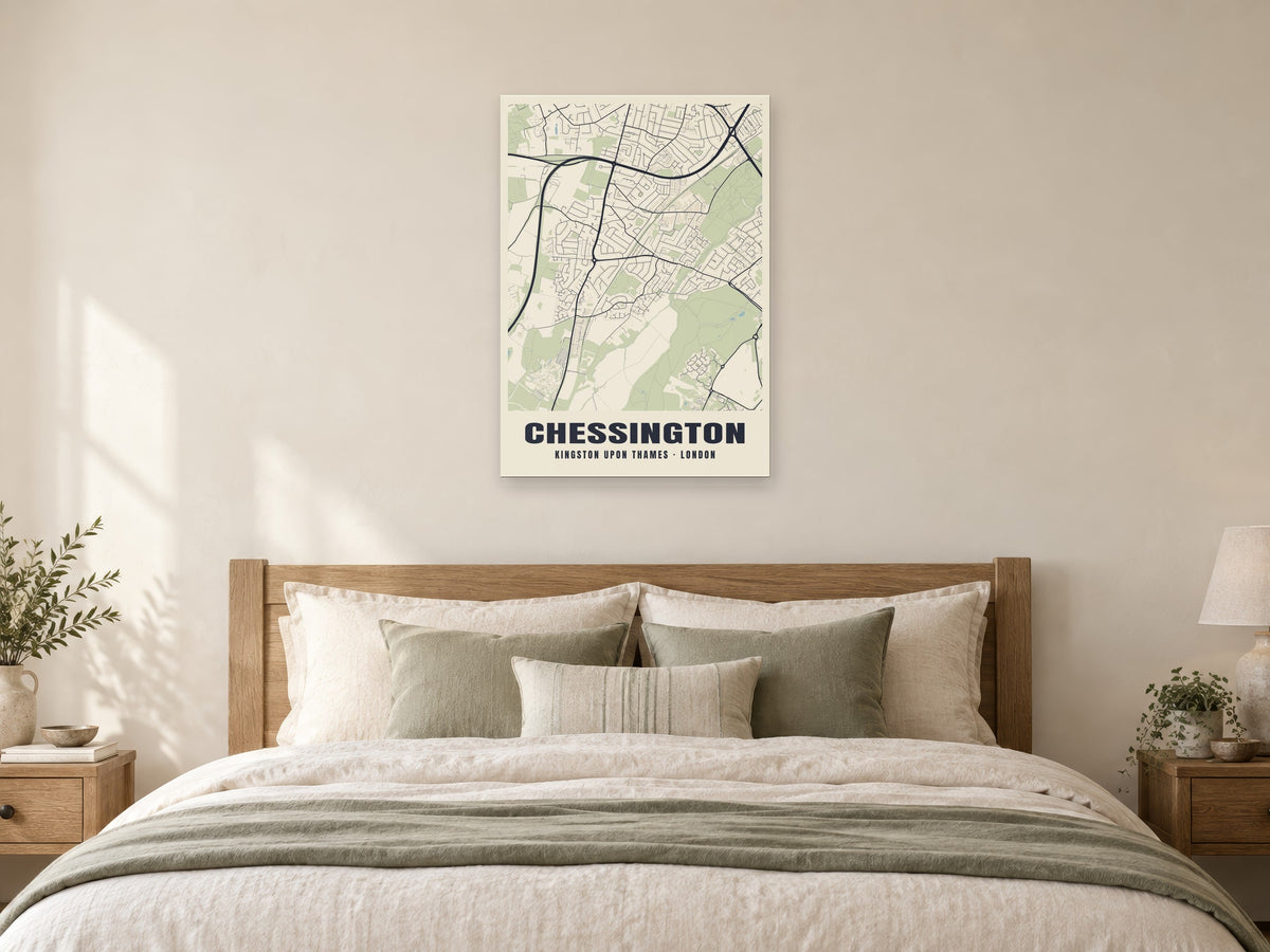 Chessington Heritage Street Map Poster at A1, as a poster, above a bed