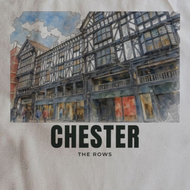 Close-up of the The Rows, Chester drawing and lettering printed on natural cotton