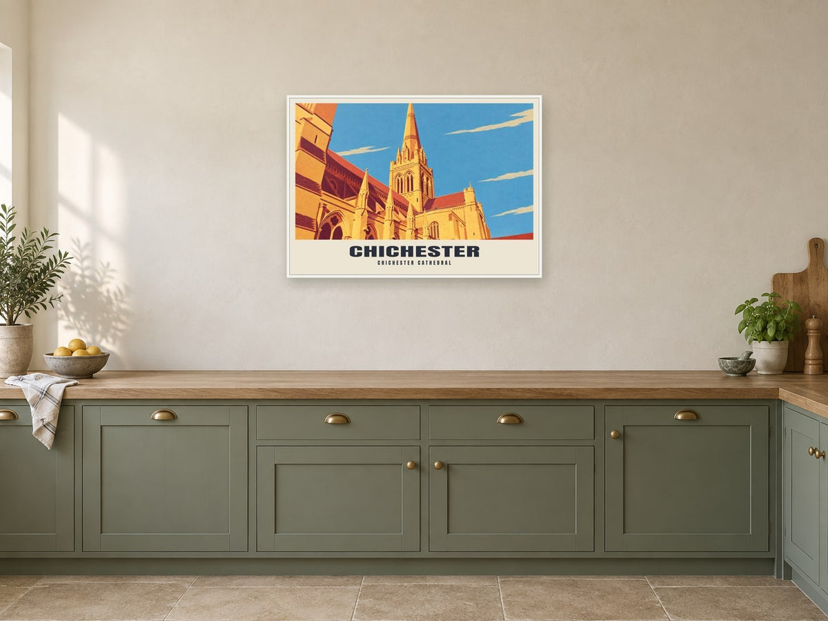 Chichester Cathedral Poster at A1, in a white frame, in a kitchen