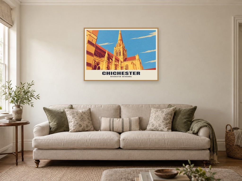 Chichester Cathedral Poster at A1, in a natural wood frame, in a sitting room