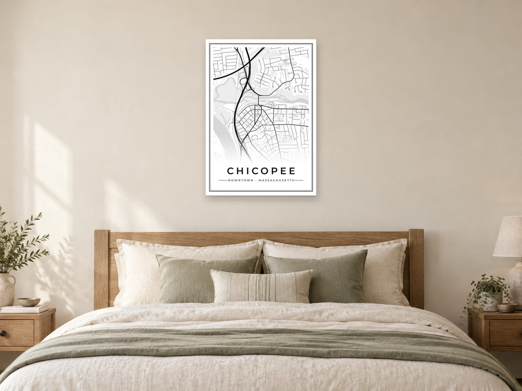 Chicopee Downtown Street Map Poster at A1, as a poster, above a bed