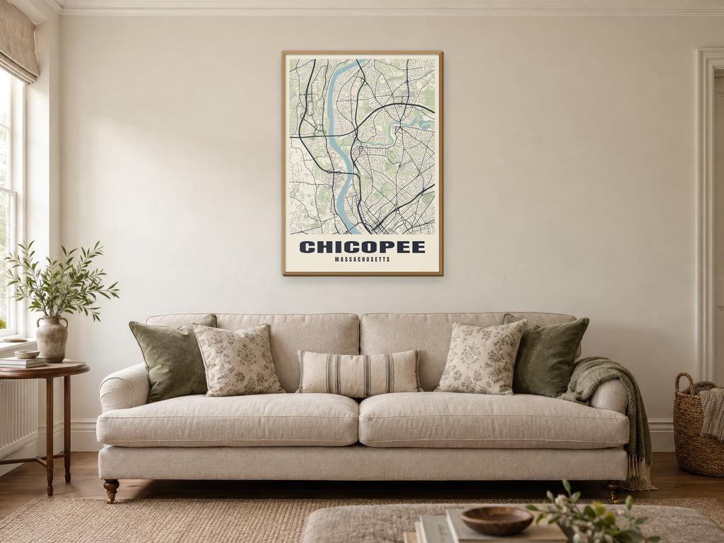 Chicopee Street Map Poster at A1, in a natural wood frame, in a sitting room