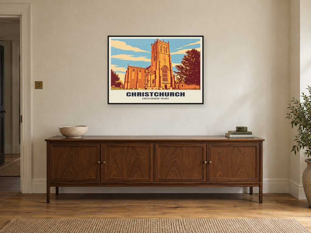 Christchurch Priory Poster at A1, in a black frame, above a sideboard