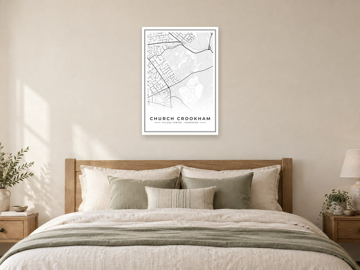 Church Crookham Village Centre Street Map Poster at A1, as a poster, above a bed