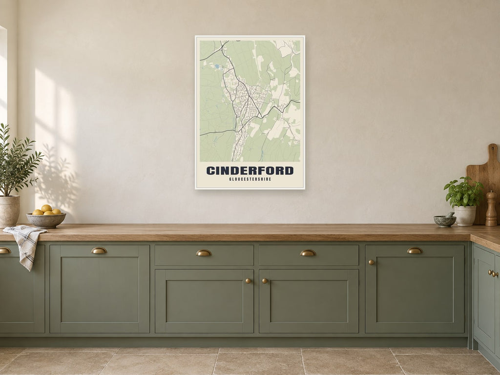 Cinderford Street Map Poster at A1, in a white frame, in a kitchen