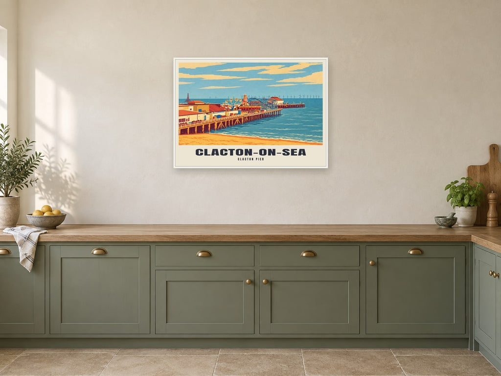 Clacton Pier, Clacton-on-Sea Poster at A1, in a white frame, in a kitchen