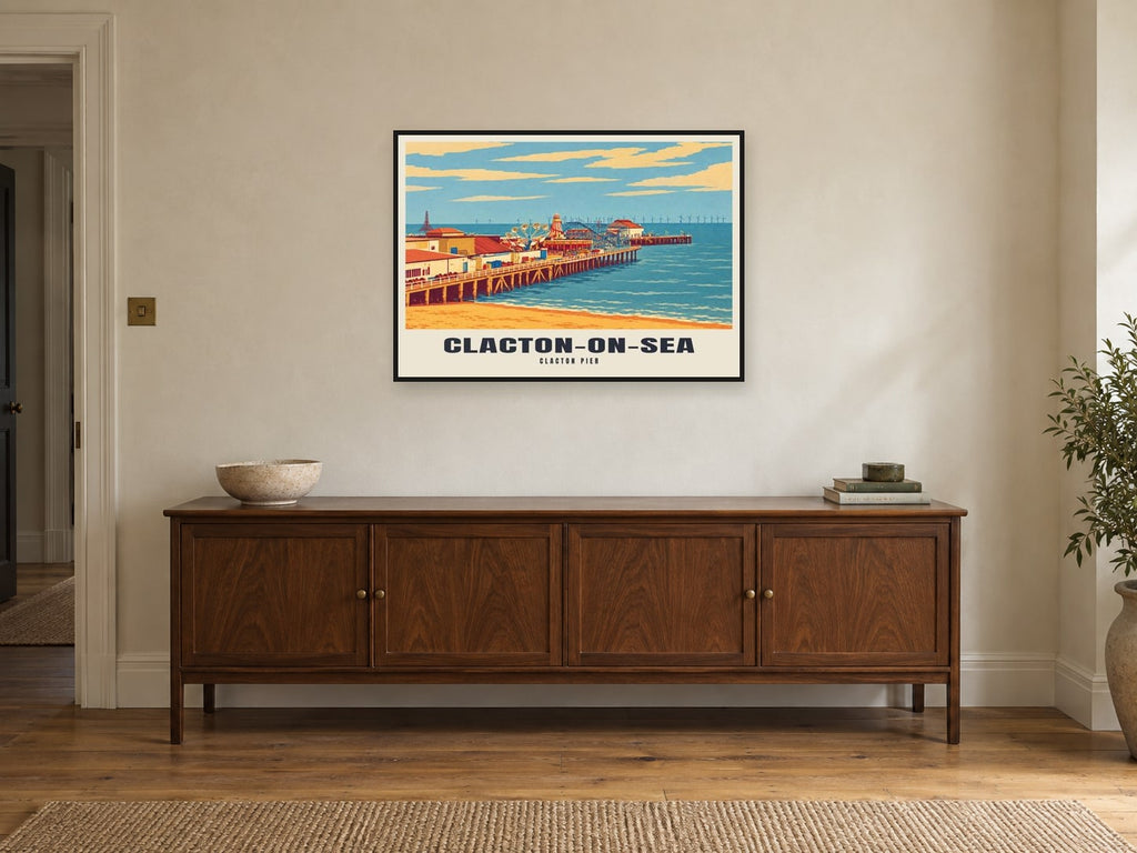 Clacton Pier, Clacton-on-Sea Poster at A1, in a black frame, above a sideboard