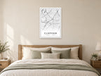 Clapham Street Map Poster at A1, as a poster, above a bed