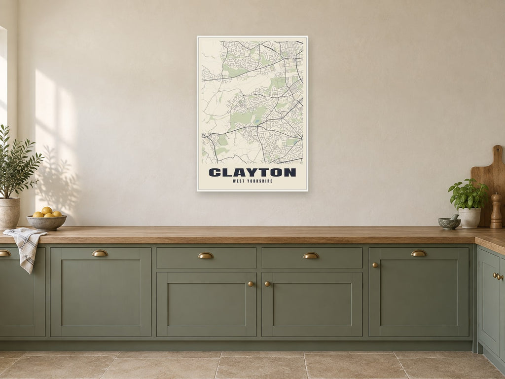 Clayton Street Map Poster at A1, in a white frame, in a kitchen