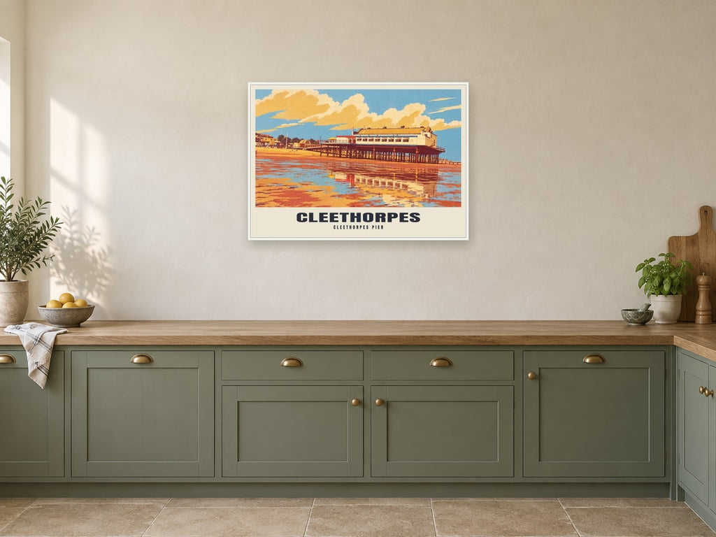 Cleethorpes Pier Poster at A1, in a white frame, in a kitchen