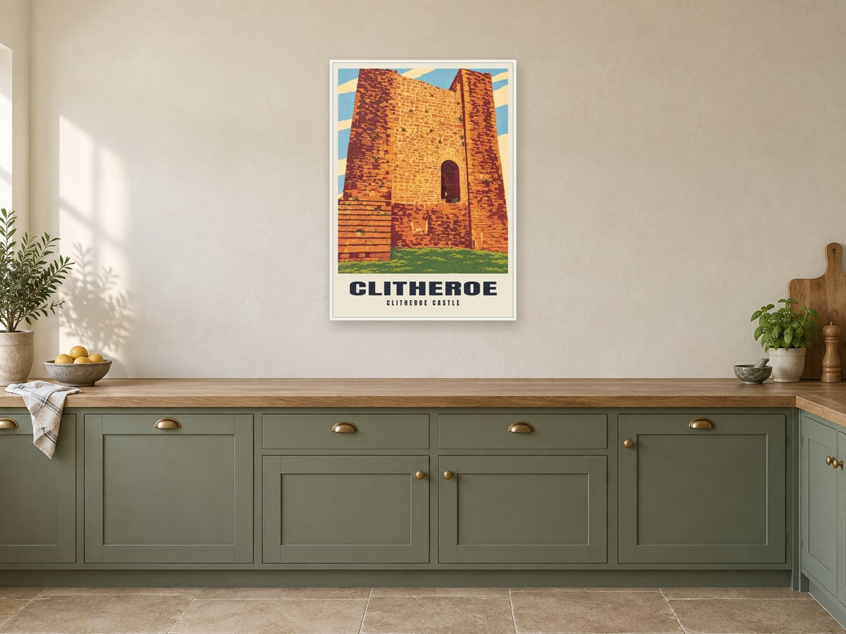 Clitheroe Castle Poster at A1, in a white frame, in a kitchen