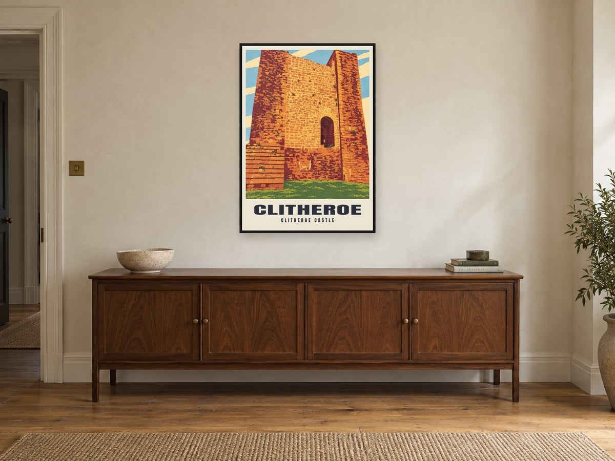 Clitheroe Castle Poster at A1, in a black frame, above a sideboard