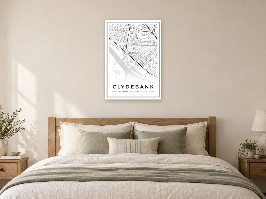 Clydebank Town Centre Street Map Poster at A1, as a poster, above a bed