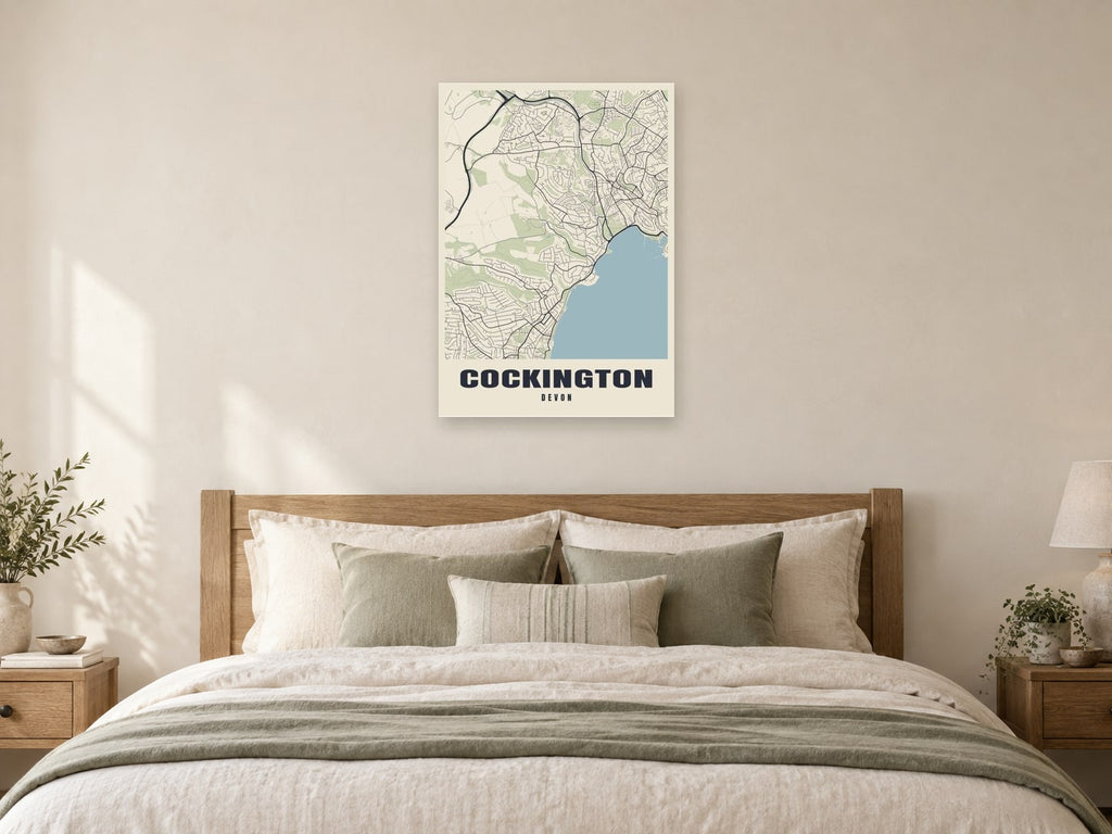 Cockington Street Map Poster at A1, as a poster, above a bed