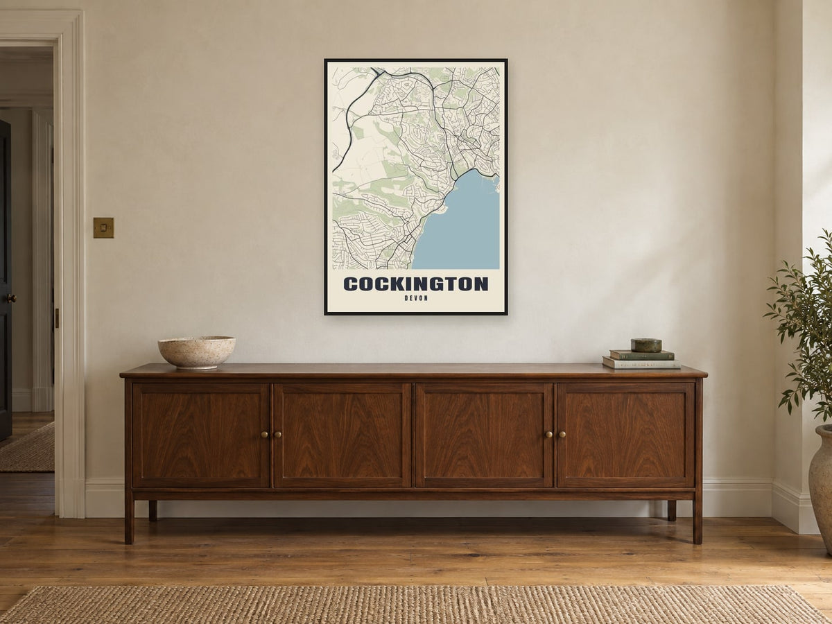 Cockington Street Map Poster at A1, in a black frame, above a sideboard