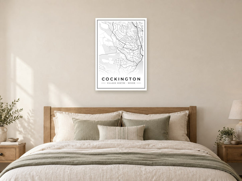 Cockington Village Centre Street Map Poster at A1, as a poster, above a bed