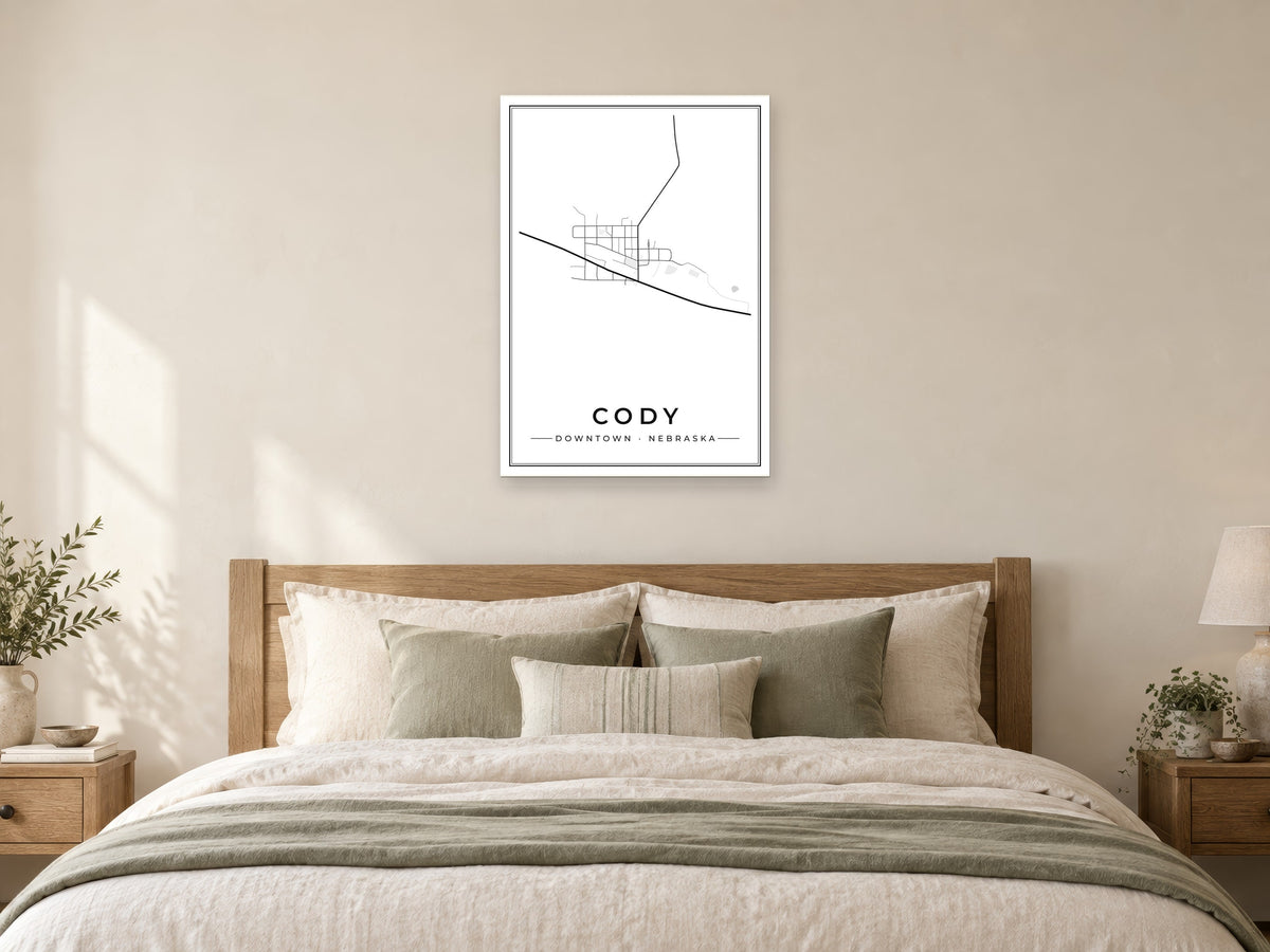 Cody Downtown Street Map Poster at A1, as a poster, above a bed