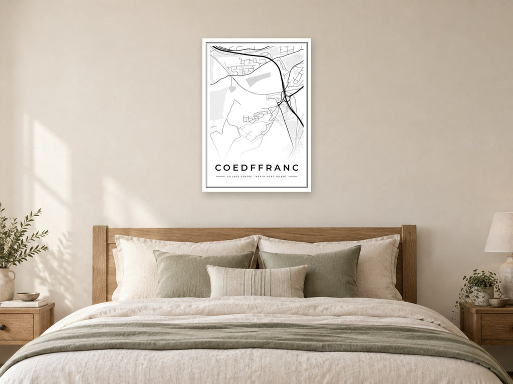 Coedffranc Village Centre Street Map Poster at A1, as a poster, above a bed
