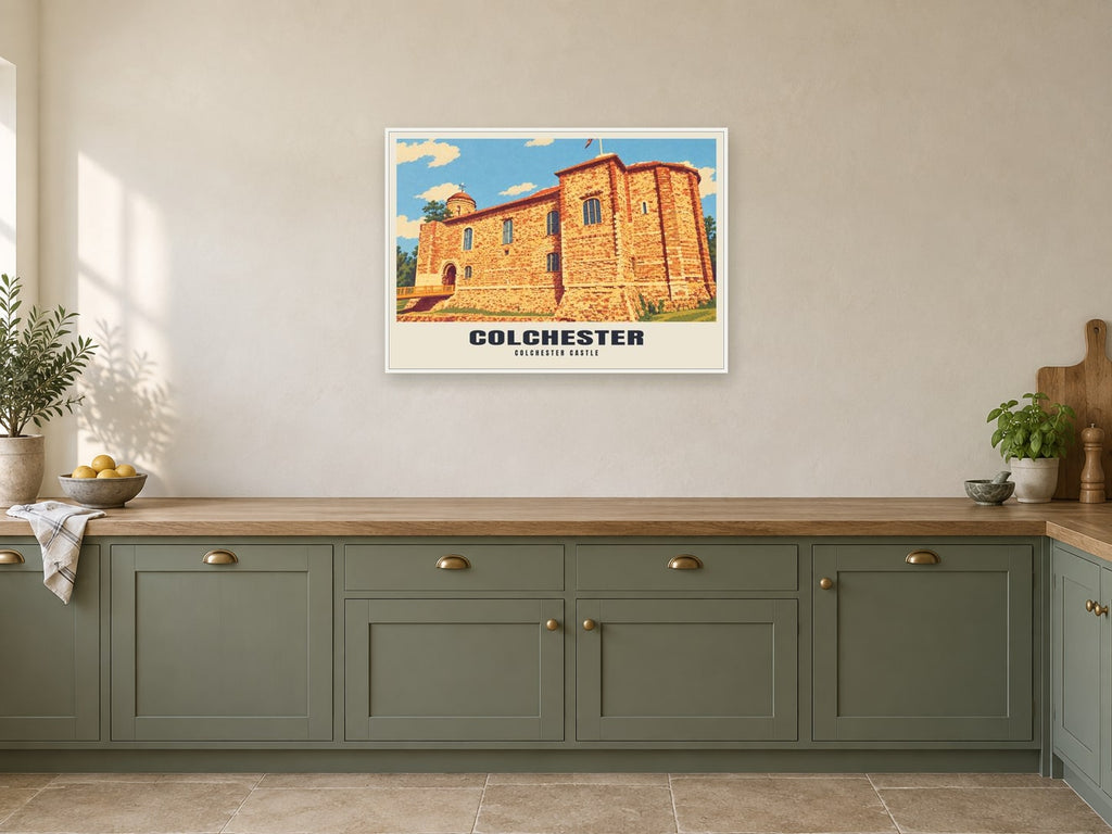Colchester Castle Poster at A1, in a white frame, in a kitchen