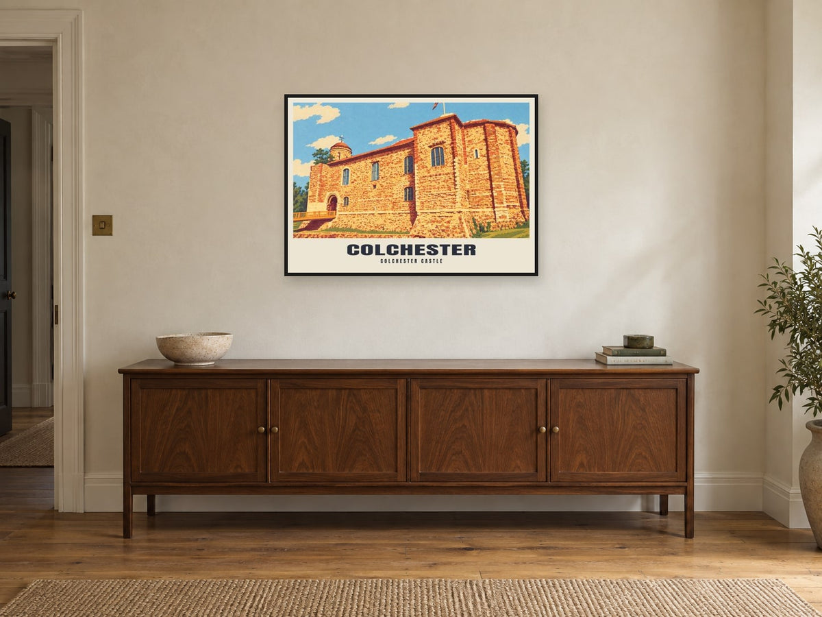 Colchester Castle Poster at A1, in a black frame, above a sideboard