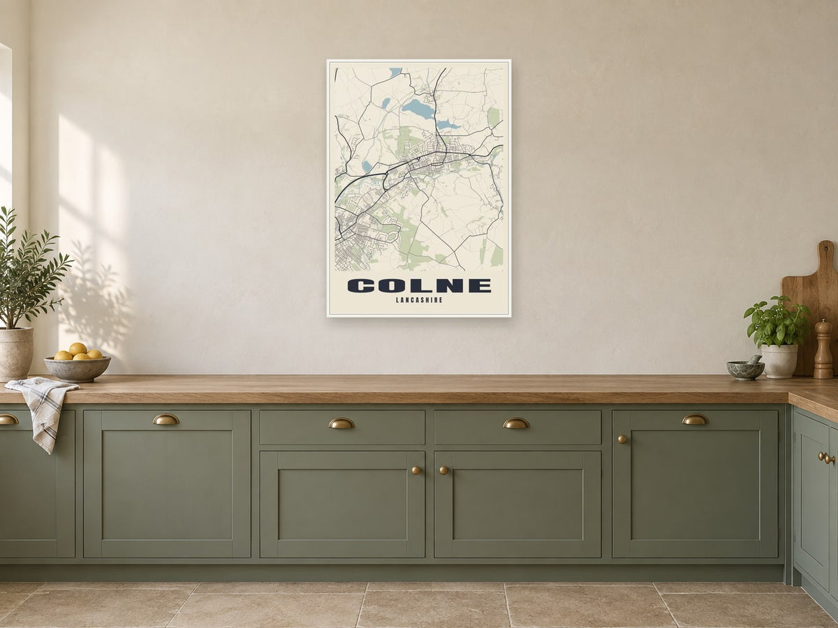 Colne Street Map Poster at A1, in a white frame, in a kitchen