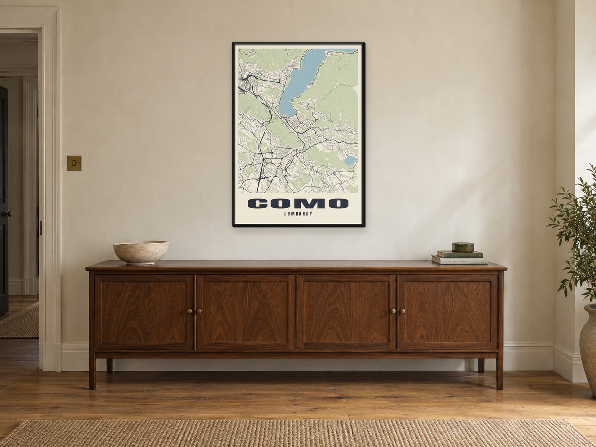 Como Street Map Poster at A1, in a black frame, above a sideboard