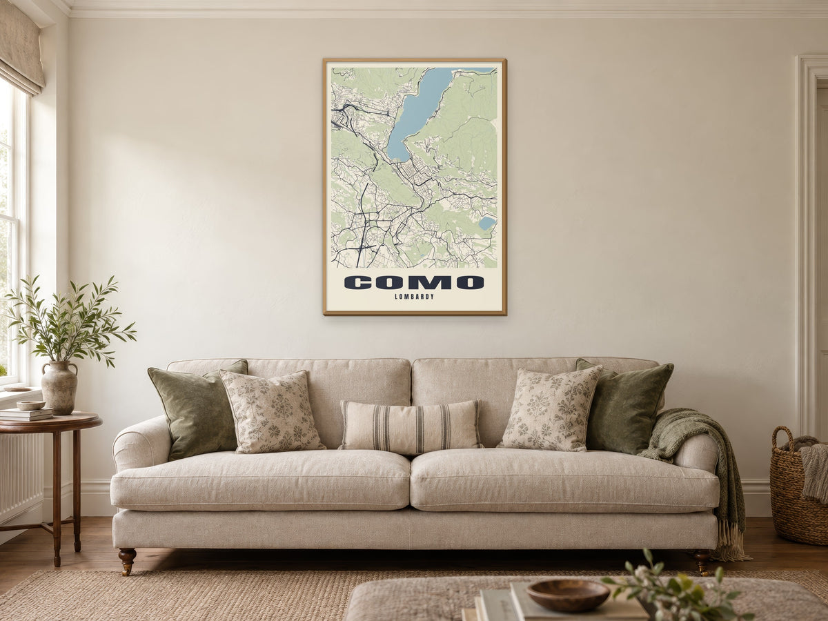 Como Street Map Poster at A1, in a natural wood frame, in a sitting room