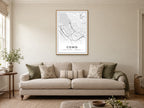 Como Town Centre Street Map Poster at A1, in a natural wood frame, in a sitting room