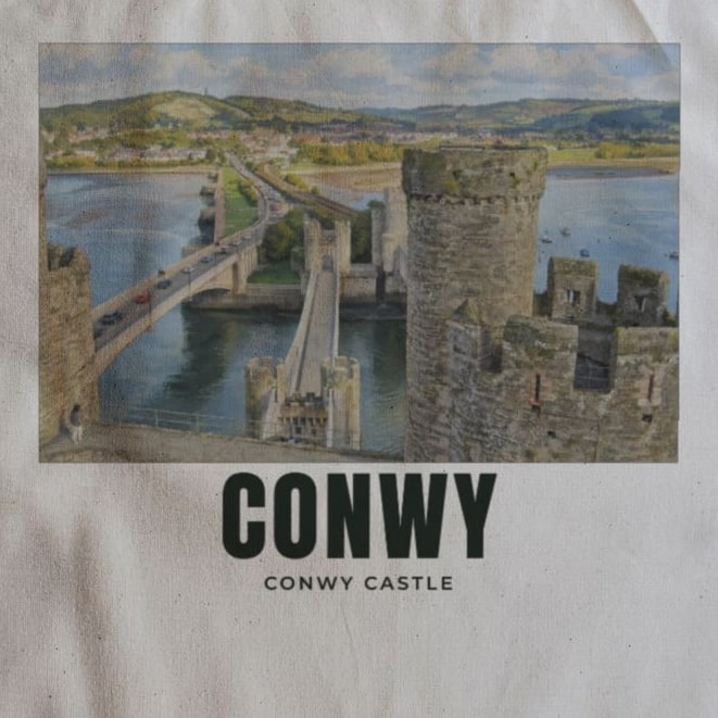 Close-up of the Conwy Castle drawing and lettering printed on natural cotton