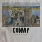 Close-up of the Conwy Castle drawing and lettering printed on natural cotton