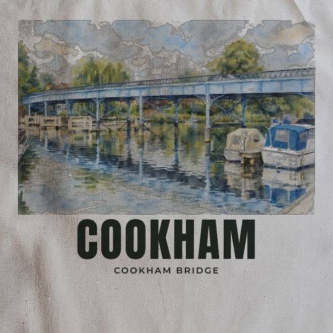 Close-up of the Cookham Bridge drawing and lettering printed on natural cotton