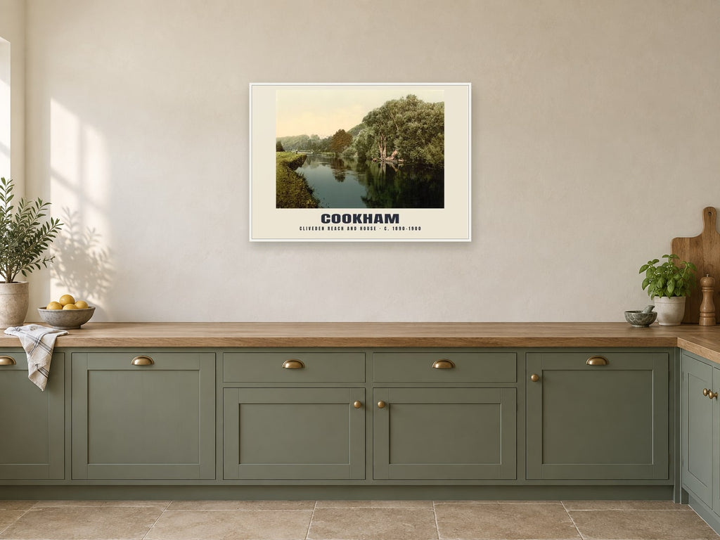 Cliveden Reach and House, Cookham, c. 1890–1900 Heritage Print at A1, in a white frame, in a kitchen