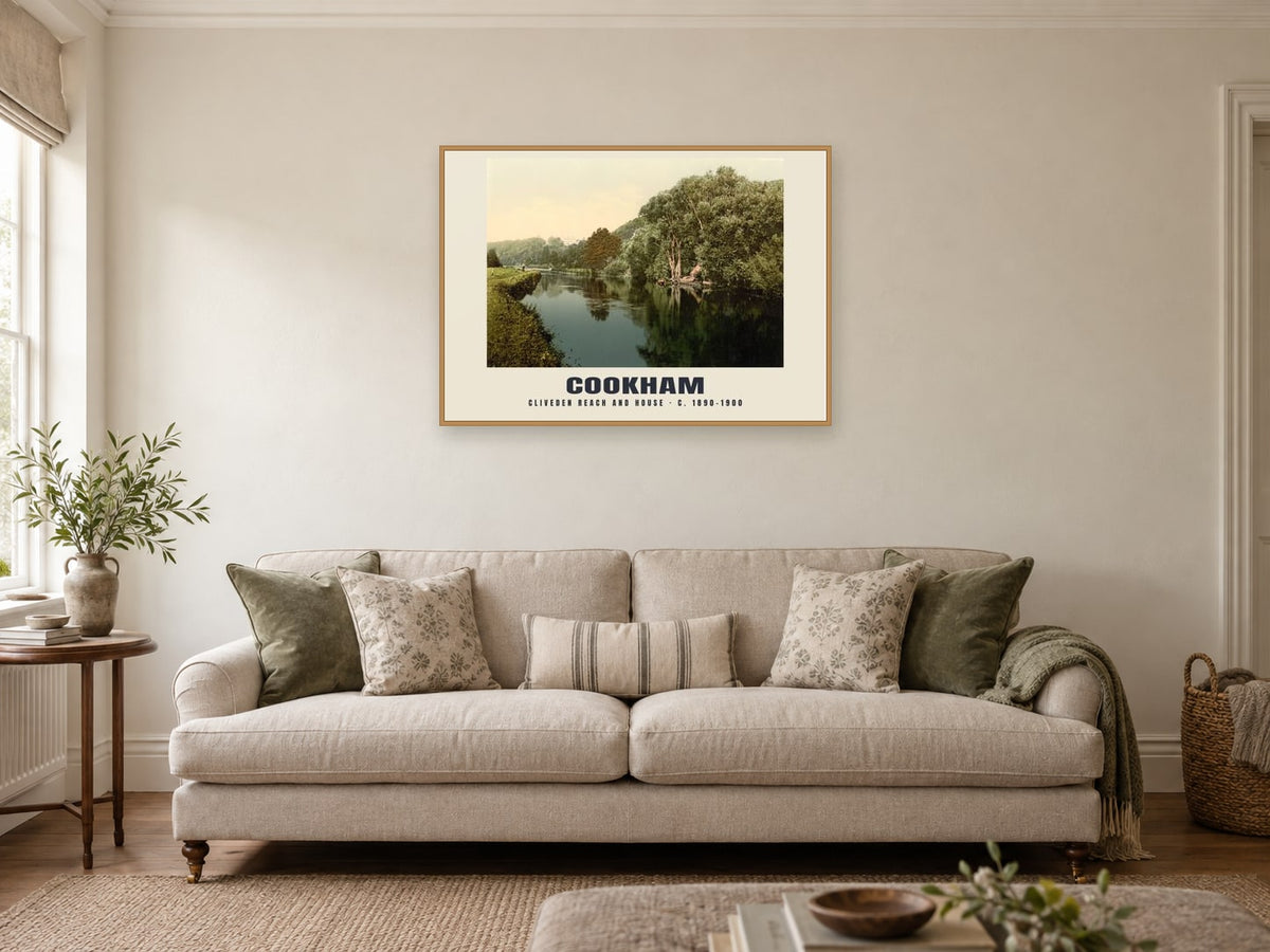 Cliveden Reach and House, Cookham, c. 1890–1900 Heritage Print at A1, in a natural wood frame, in a sitting room