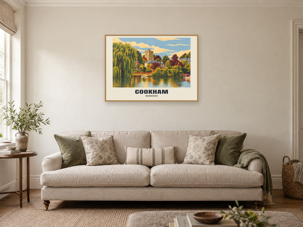 Cookham Poster — Holy Trinity Church at A1, in a natural wood frame, in a sitting room