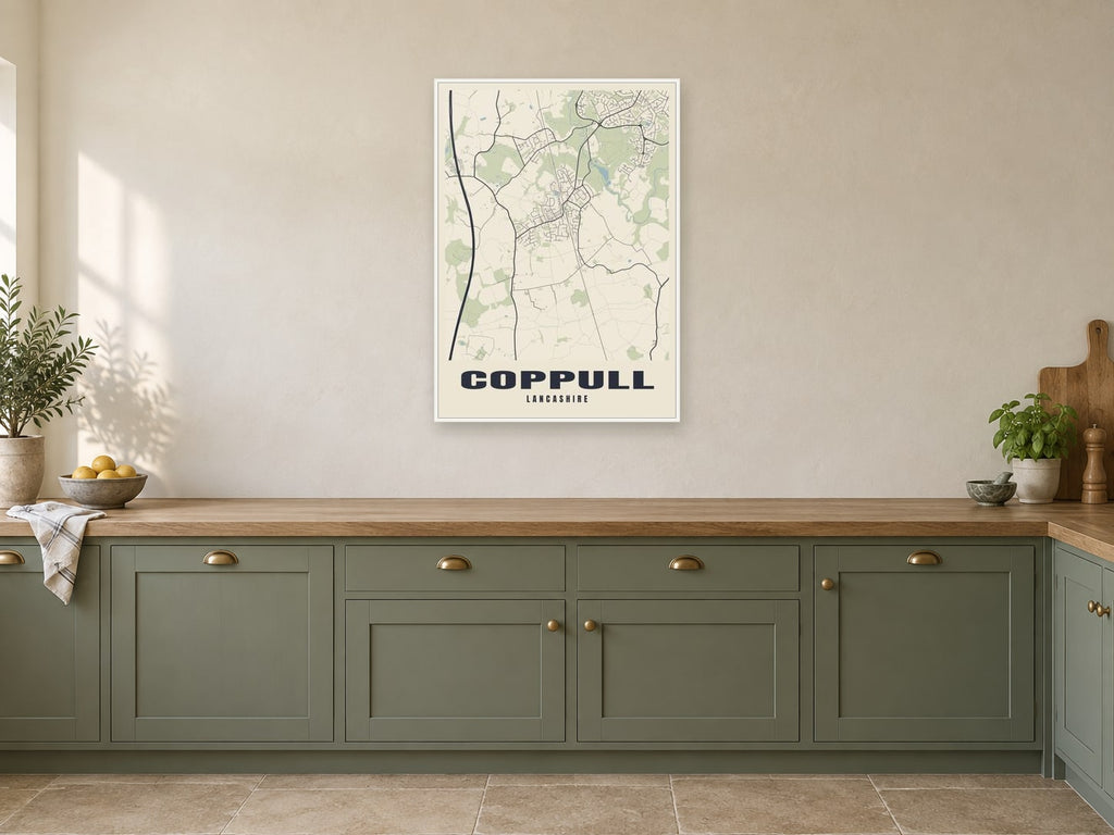 Coppull Street Map Poster at A1, in a white frame, in a kitchen