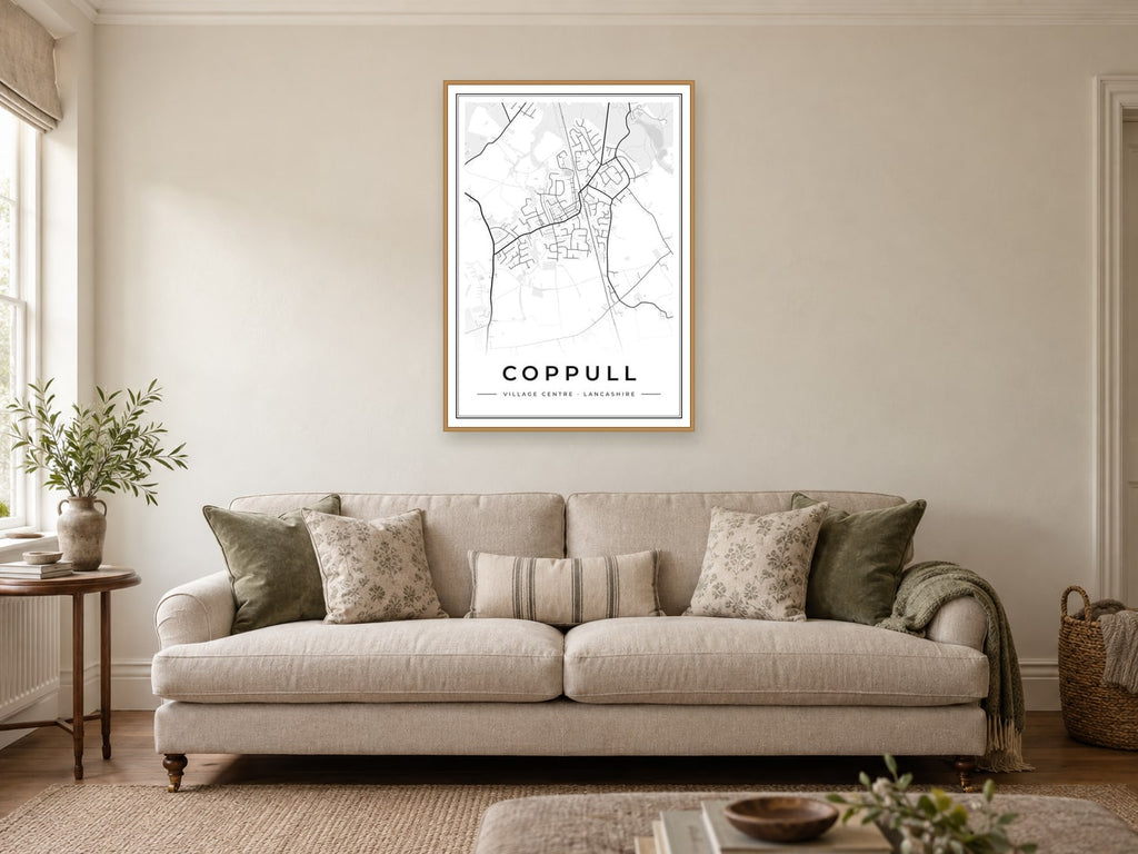 Coppull Village Centre Street Map Poster at A1, in a natural wood frame, in a sitting room