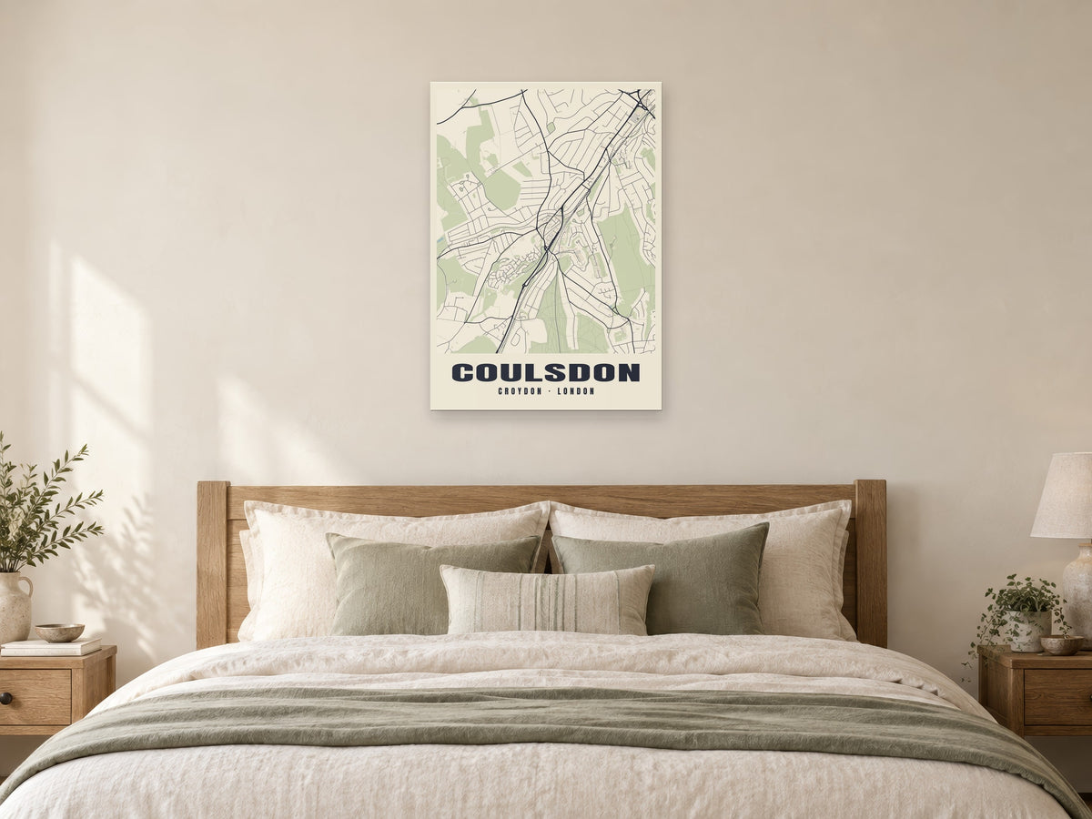 Coulsdon Heritage Street Map Poster at A1, as a poster, above a bed