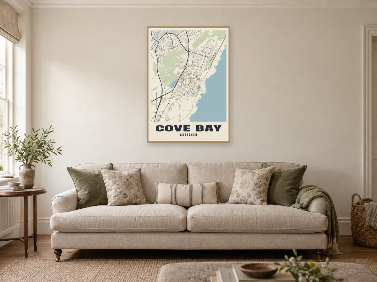 Cove Bay Street Map Poster at A1, in a natural wood frame, in a sitting room